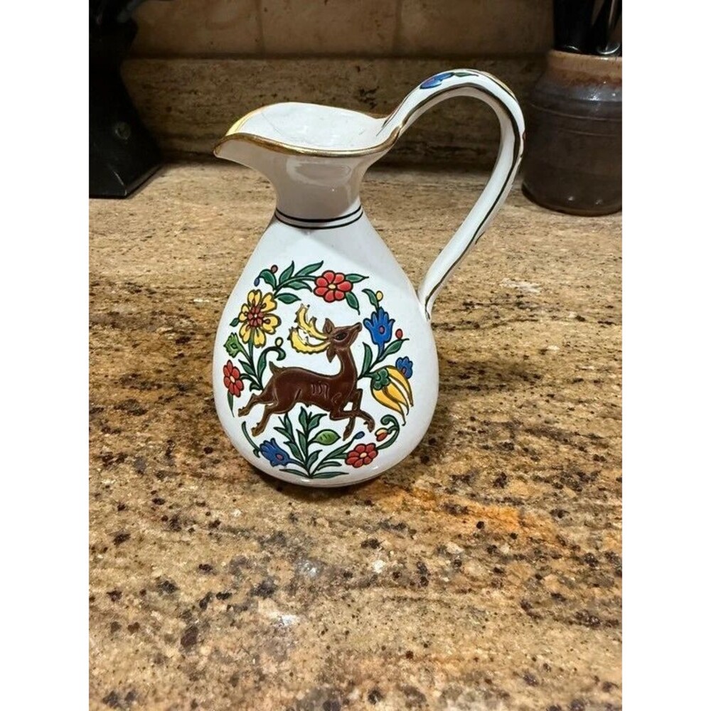 Vintage Hand Painted Ceramic Pitcher Leaping Deer Stag Floral Gold Trim Vase Jug